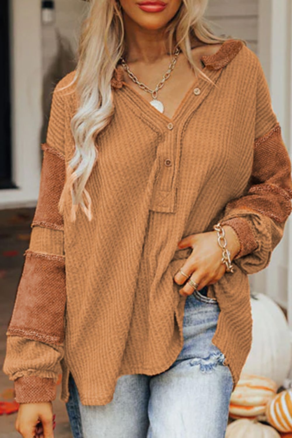 Contrast Patched Exposed Seam Waffle Knit Henley Top - Charming Charlie