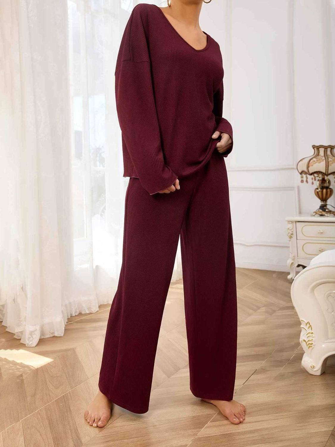 V-Neck Long Sleeve Top and Wide Leg Pants Set - Charming Charlie