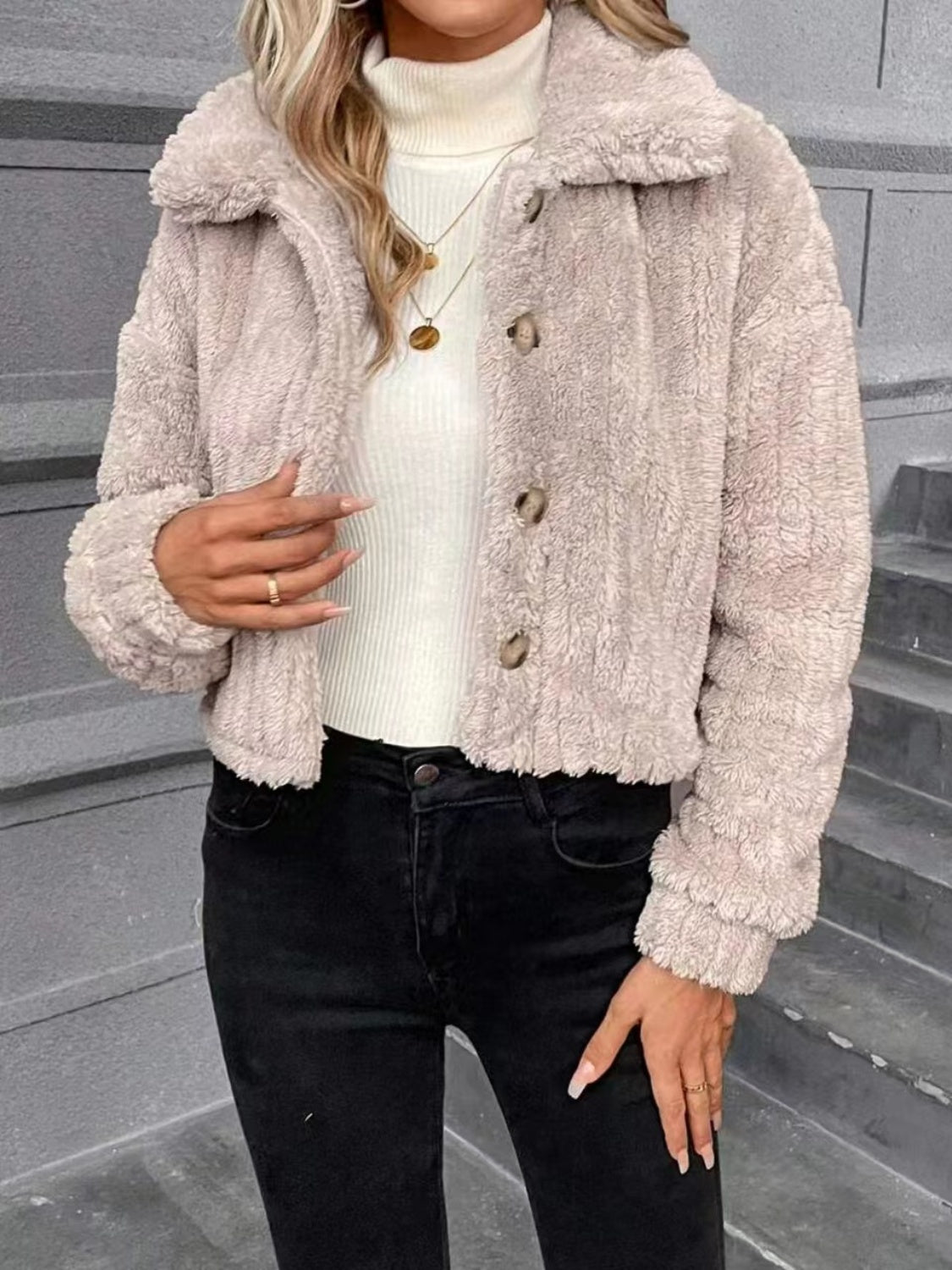 Button Up Long Sleeve Fuzzy Outerwear - Charming Charlie