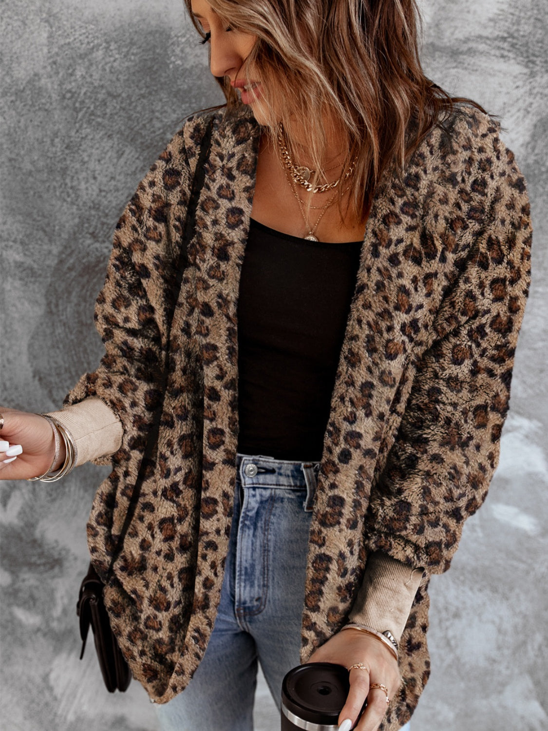 Fuzzy Leopard Long Sleeve Hooded Jacket - Charming Charlie