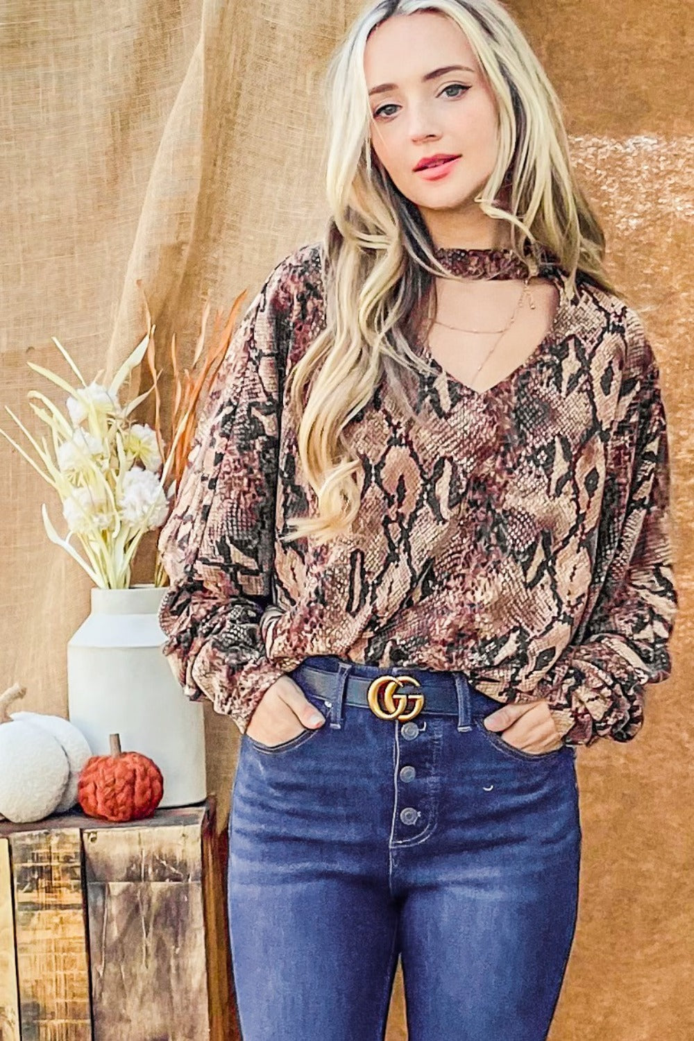 And The Why Choker Neck Dolman Sleeve Snake Print Top - Charming Charlie