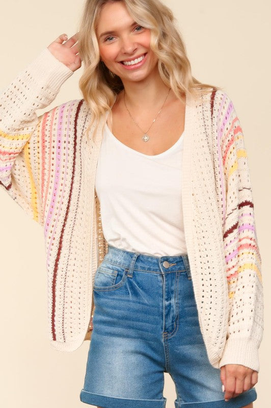 Haptics Full Size Striped Crochet Open Front Cardigan - Charming Charlie