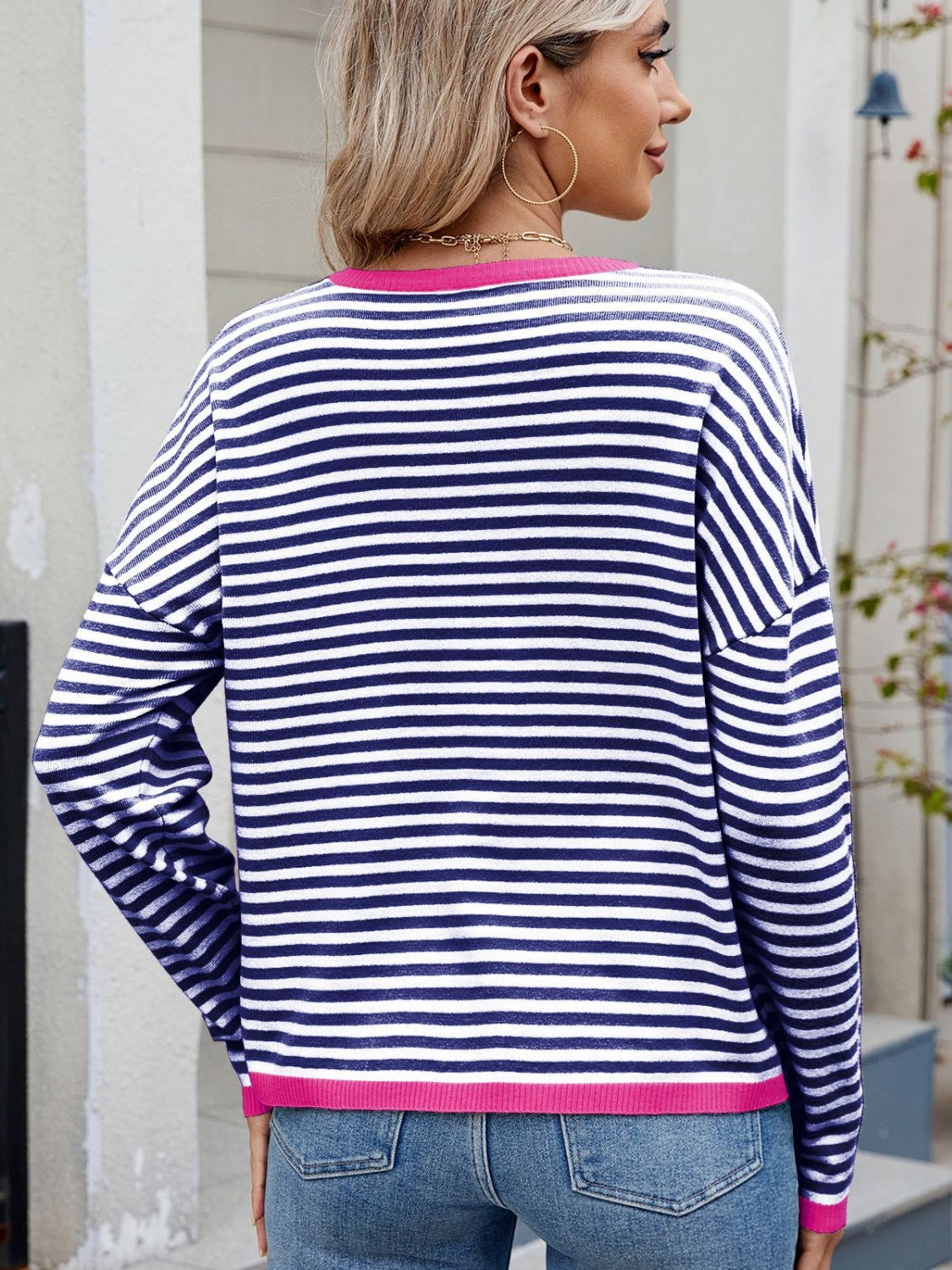 Striped Contrast Round Neck Long Sleeve Sweater - Charming Charlie
