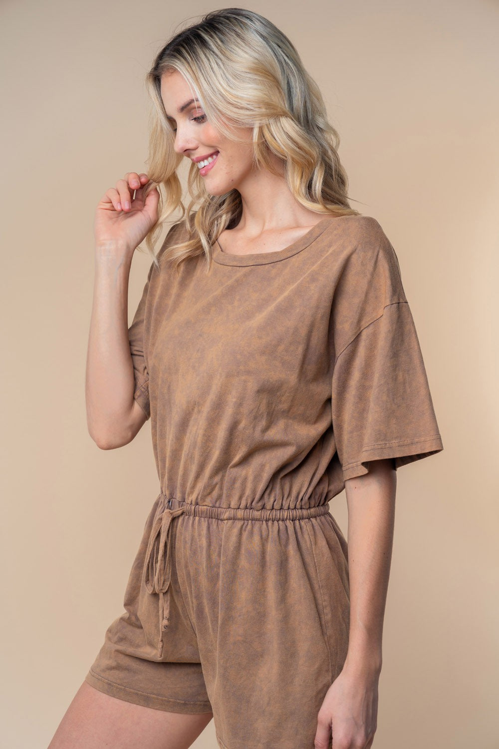 White Birch Full Size Short Sleeve Drawstring Romper - Charming Charlie