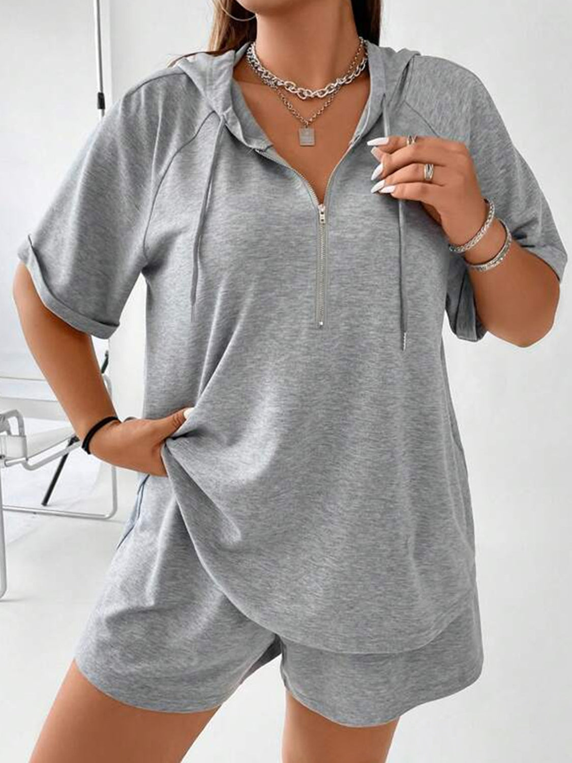Full Size Drawstring Half Zip Hooded Top and Shorts Set Plus Size - Charming Charlie