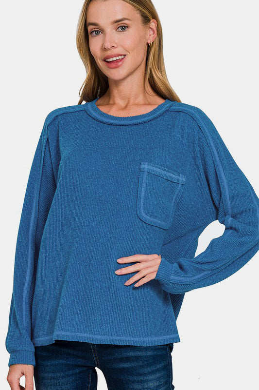 Zenana Full Size Contrast Stitching Brushed Ribbed Hacci Knit Top Plus Size - Charming Charlie