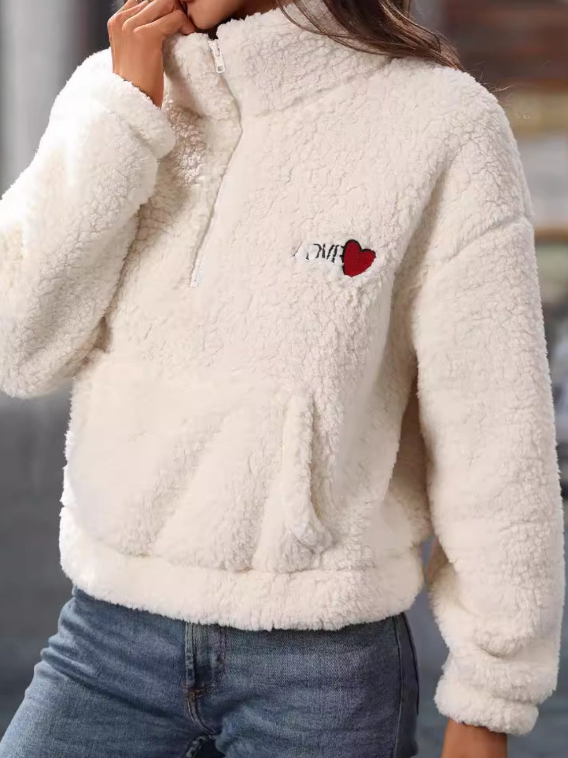 Heart Half Zip Long Sleeve Teddy Sweatshirt - Charming Charlie
