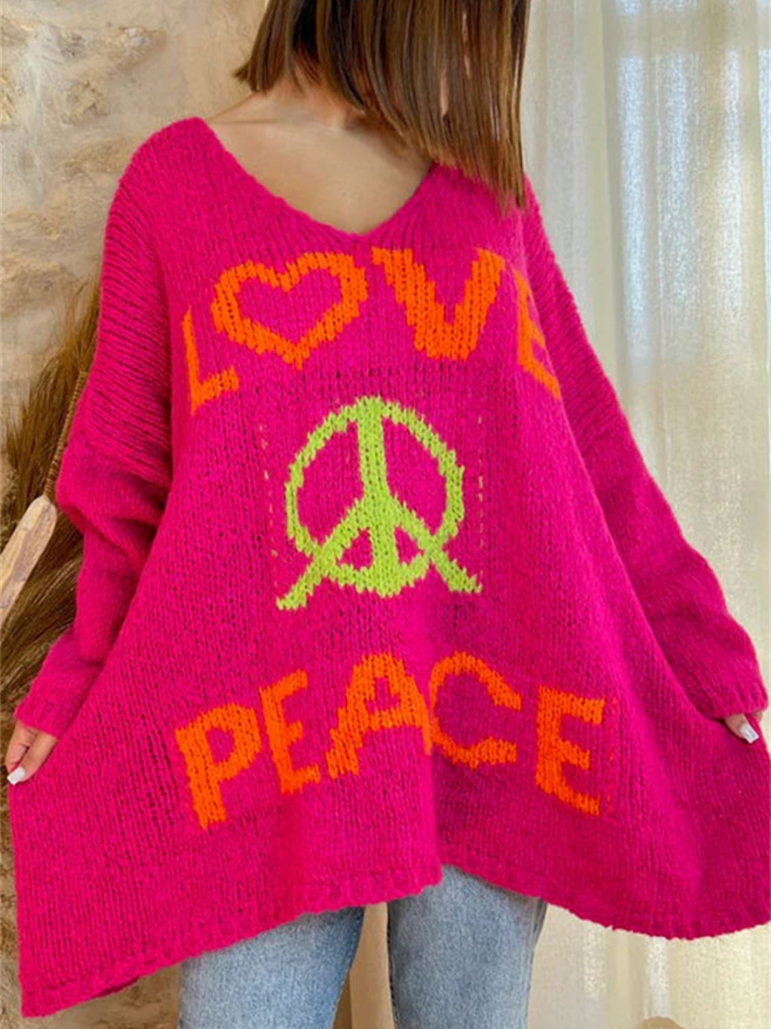 Peace Graphic V-Neck Long Sleeve Sweater - Charming Charlie