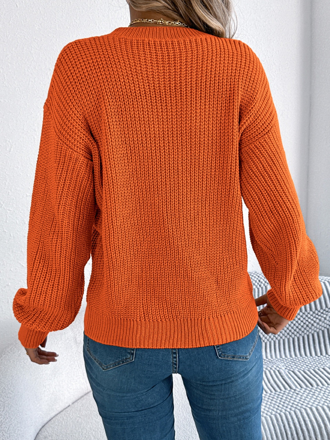 Openwork Round Neck Long Sleeve Sweater - Charming Charlie