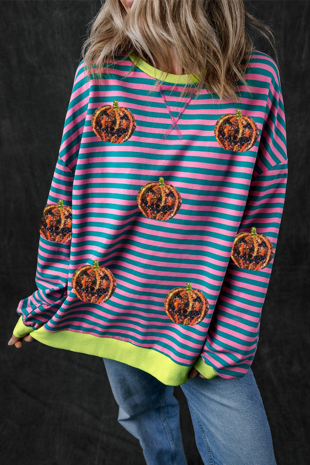 Pumpkin Striped Round Neck Long Sleeve Sweatshirt - Charming Charlie