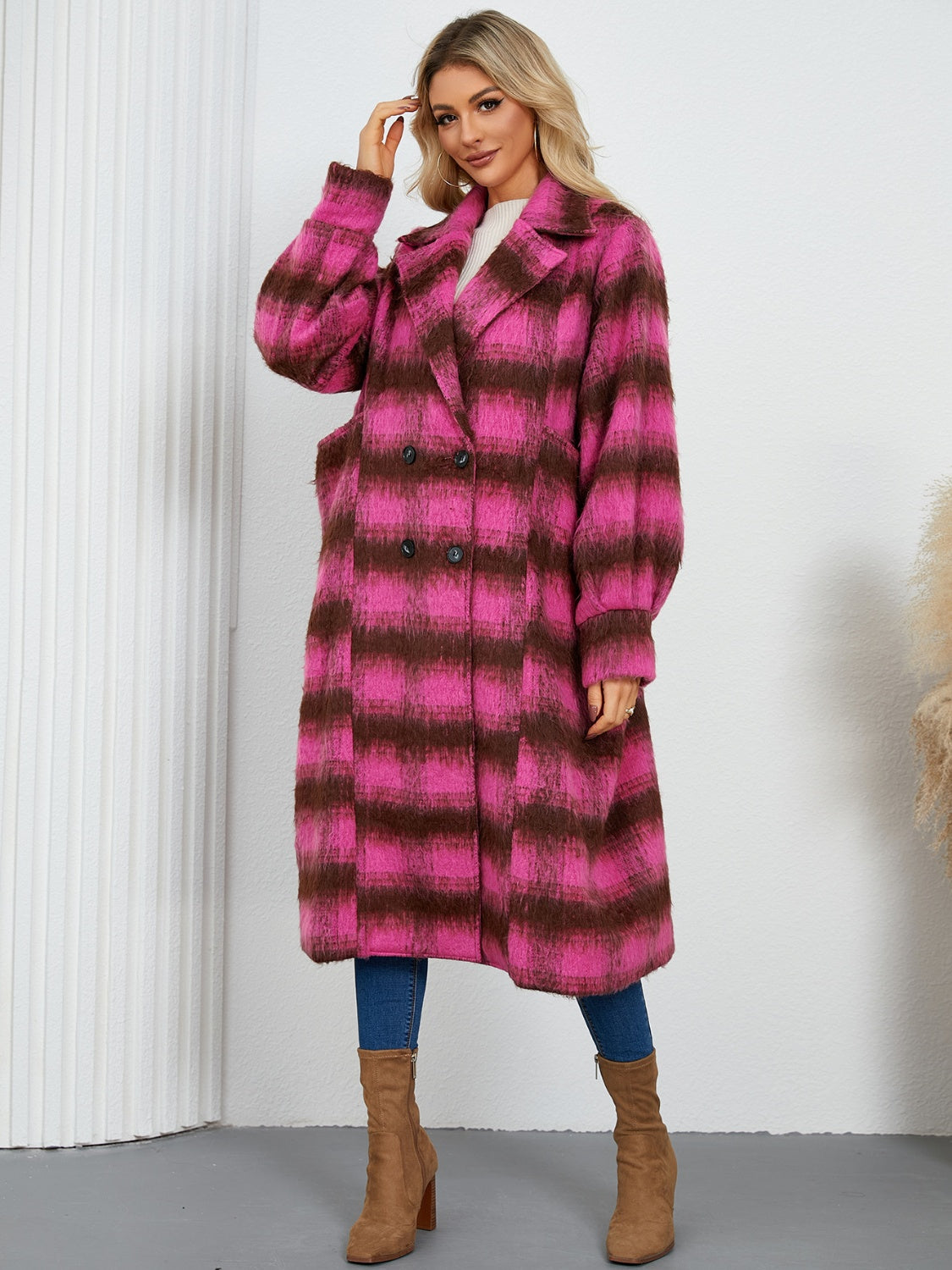 Contrast Double-Breasted Long Sleeve Longline Coat - Charming Charlie