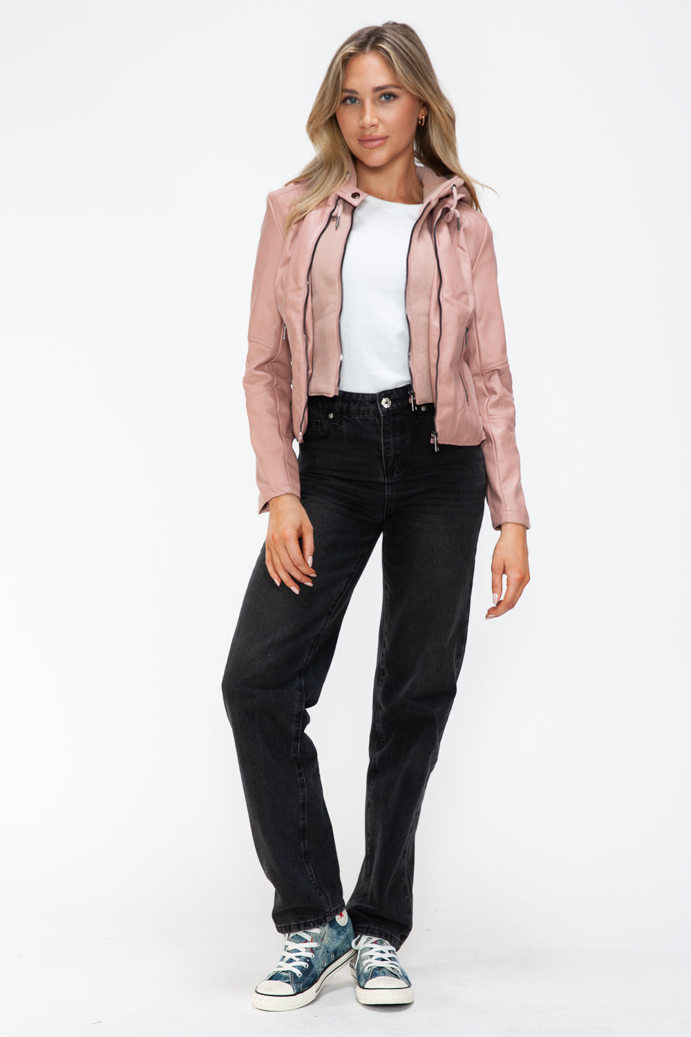 Snobbish Faux Leather Zip Up Drawstring Hooded Jacket - Charming Charlie