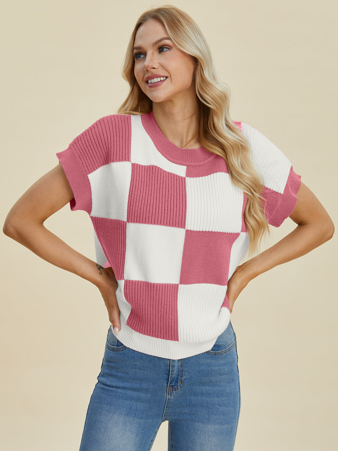 Double Take Full Size Checkered Round Neck Short Sleeve Sweater - Charming Charlie