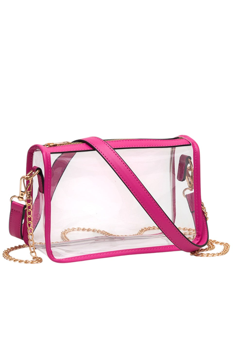 Fuchsia Clear Rectangle Stadium Concert Crossbody Bag offers a sleek, transparent design ideal for event security compliance. Its rectangular shape provides ample space for essentials while maintaining a compact profile. The adjustable crossbody strap ensures comfortable wear, making it perfect for concerts and stadium visits where quick access and visibility are essential. Durable materials guarantee longevity, combining practicality with modern style for hassle-free outings.