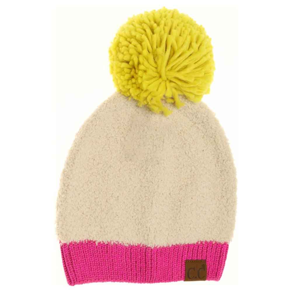 Color Block Knitted Sherpa Pom C.C Beanie - Beige - Beanies