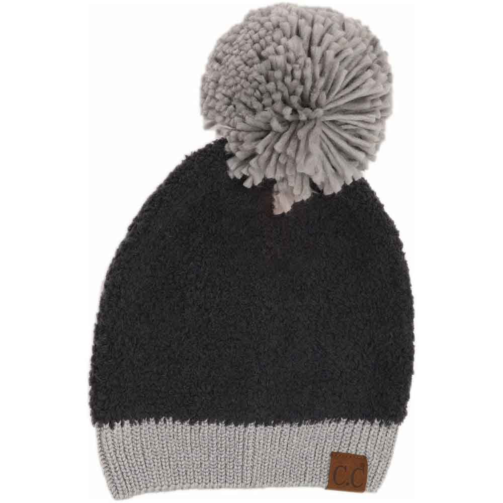 Color Block Knitted Sherpa Pom C.C Beanie - Black - Beanies