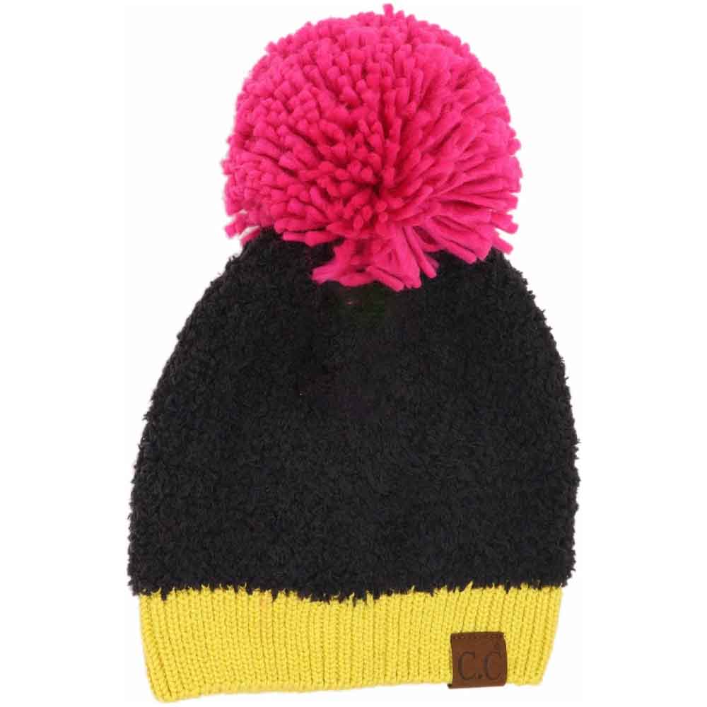 Color Block Knitted Sherpa Pom C.C Beanie - Black Multi - Beanies