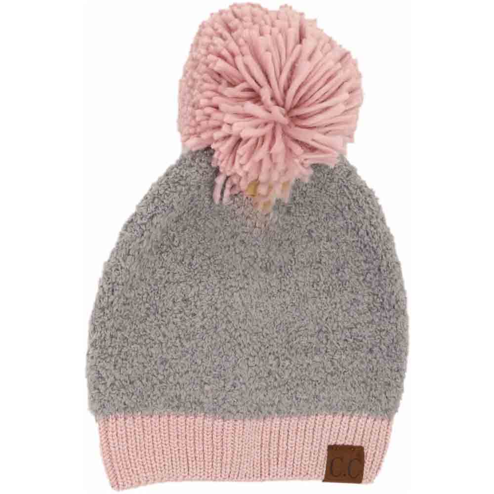 Color Block Knitted Sherpa Pom C.C Beanie - Light Grey - Beanies
