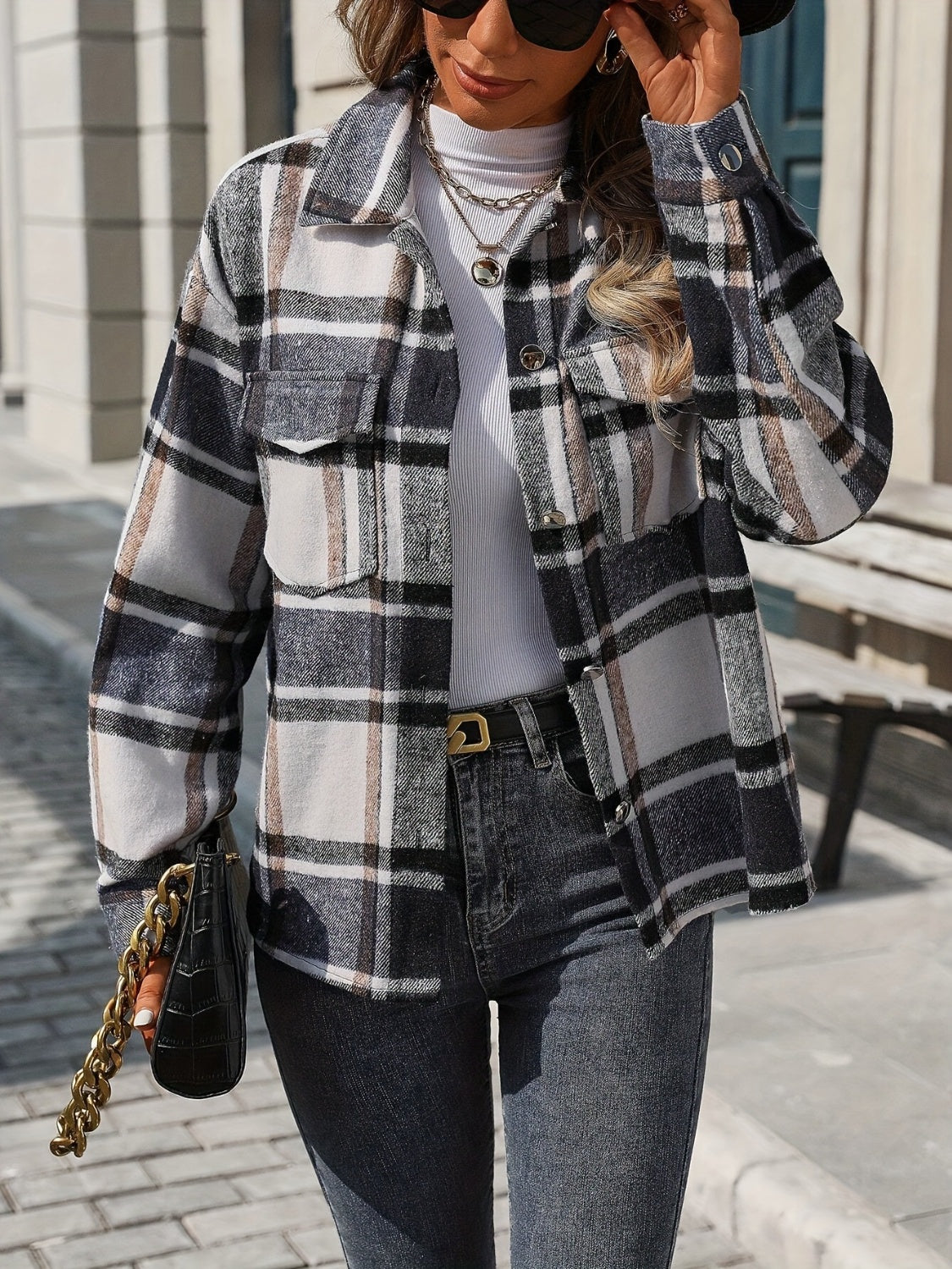Plaid Button Up Drop Shoulder Jacket - Charming Charlie