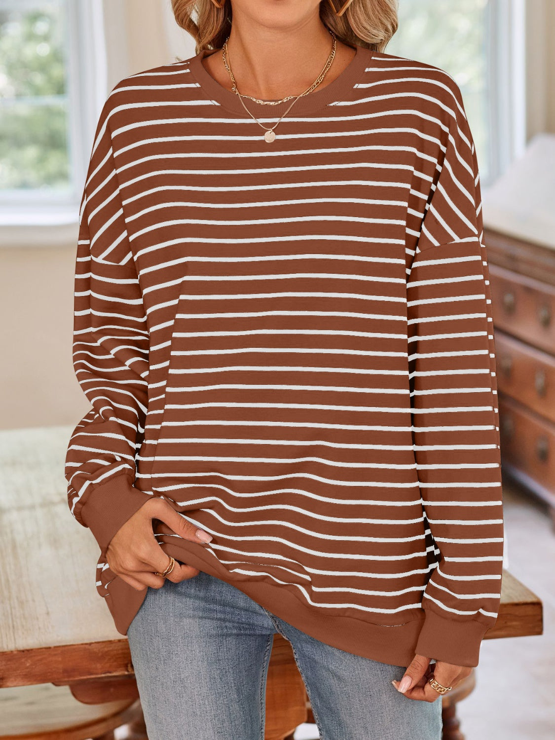 Striped Round Neck Long Sleeve Sweatshirt - Charming Charlie