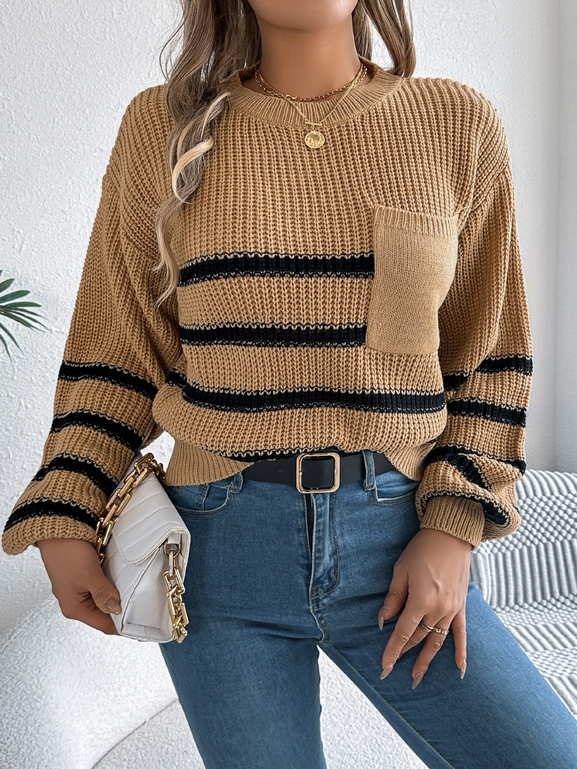 Striped Round Neck Long Sleeve Sweater - Charming Charlie