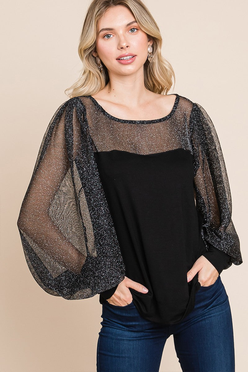 Super Lady Full Size Metallic Mesh Lantern Sleeve Blouse - Charming Charlie