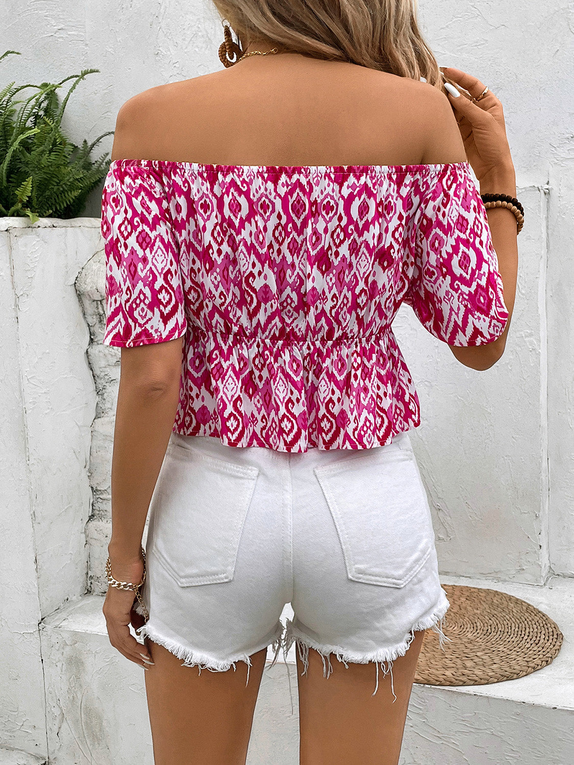 Peplum Printed Off-Shoulder Short Sleeve Blouse - Charming Charlie