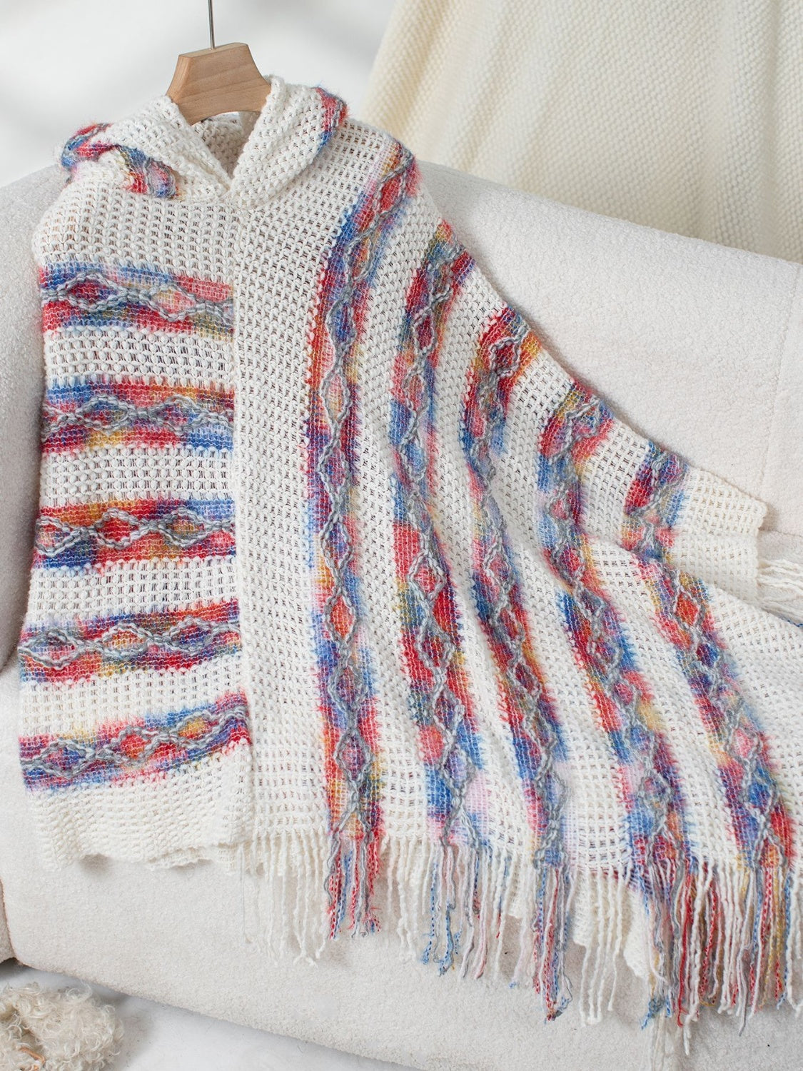 Fringe Contrast Hooded Poncho - Charming Charlie