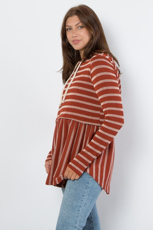 Be Stage Full Size Drawstring Striped Babydoll Hoodie - Charming Charlie