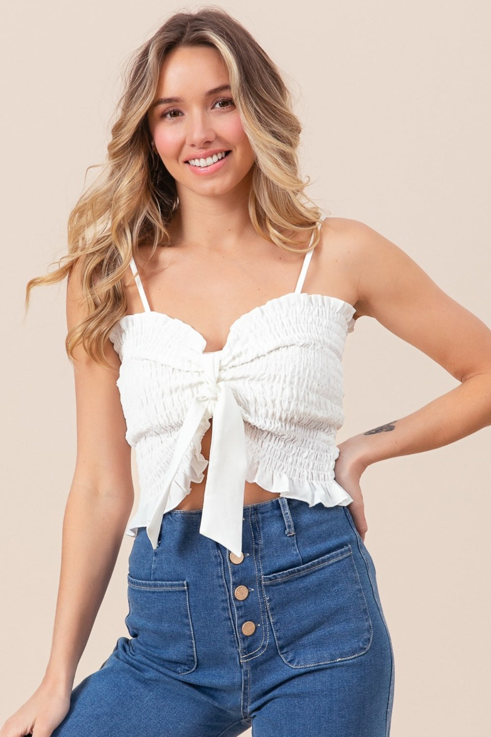 BiBi Ruffled Smocked Ribbon Detail Cami - Charming Charlie
