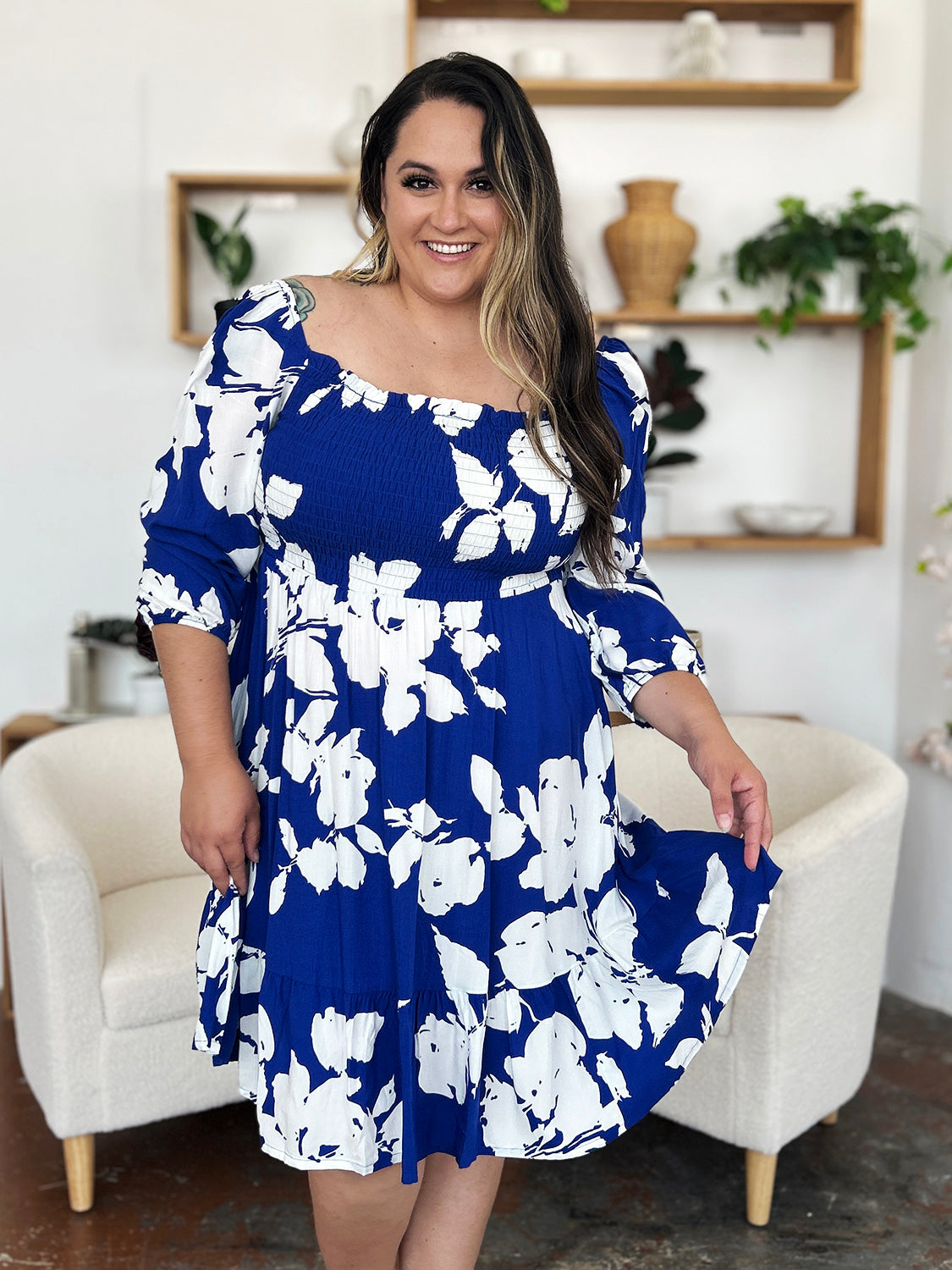 Double Take Full Size Floral Ruffle Hem Smocked Dress with Pockets - Charming Charlie