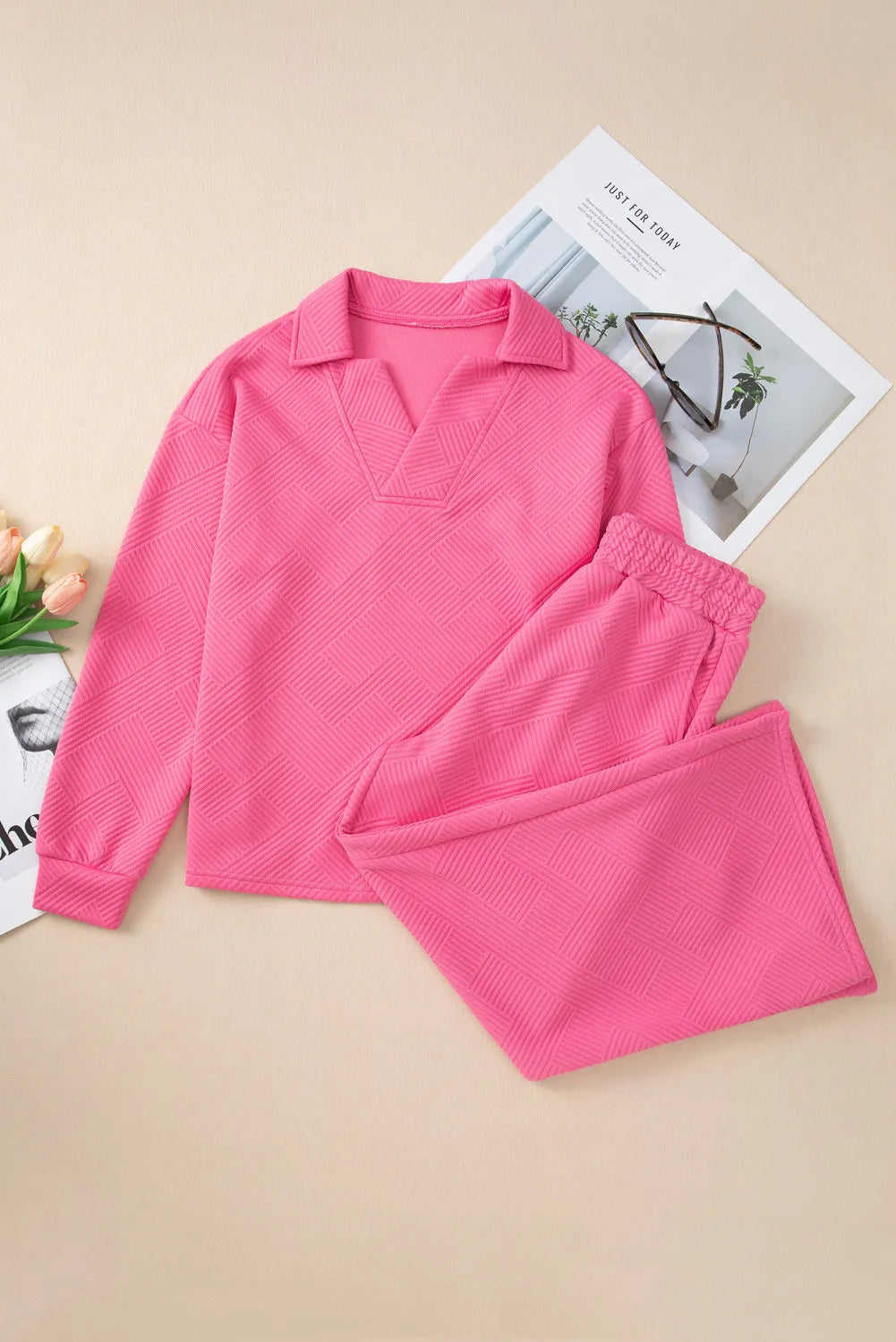Textured Long Sleeve Top and Drawstring Pants Set - Charming Charlie