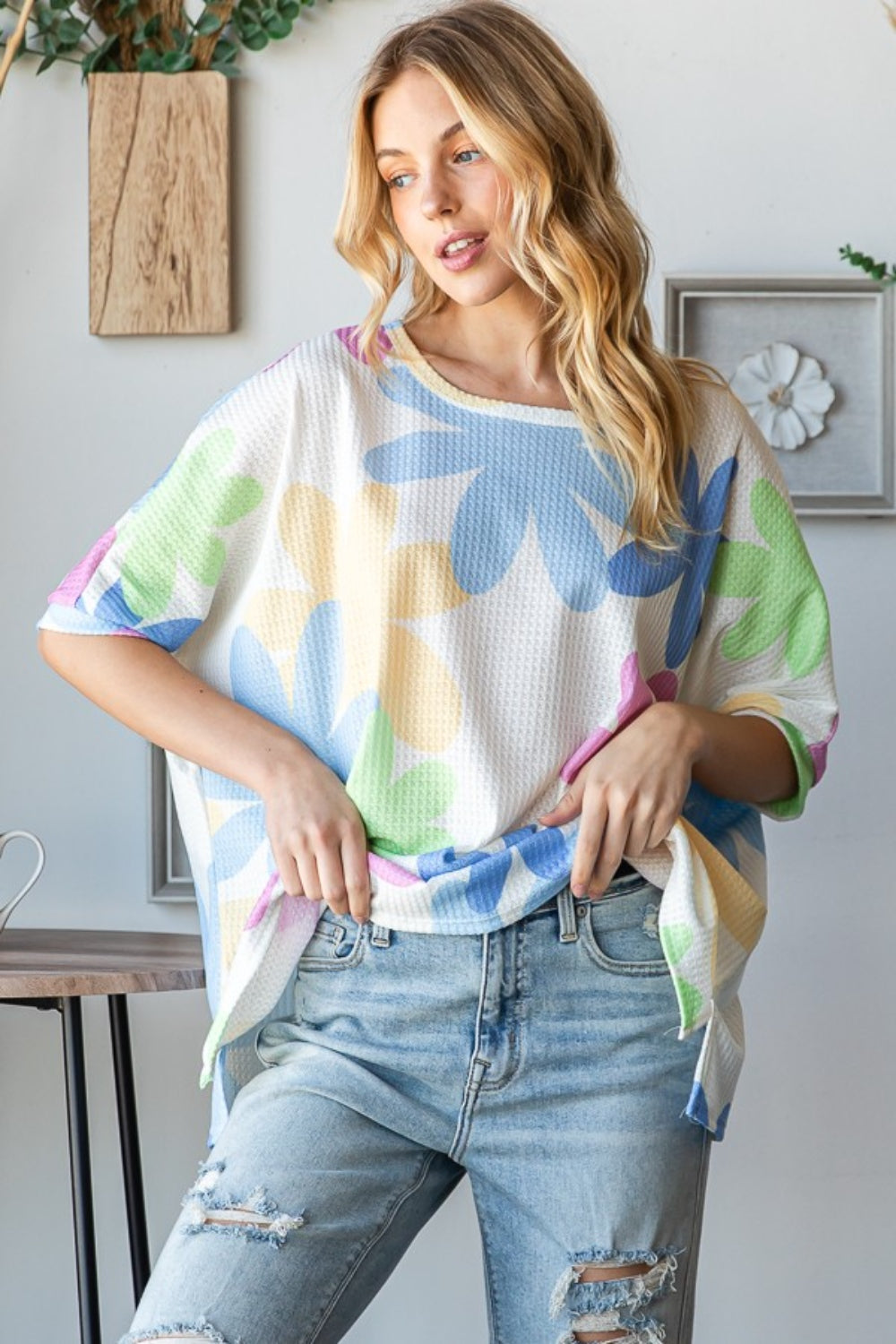 HOPELY Floral Round Neck Waffle T-Shirt - Charming Charlie