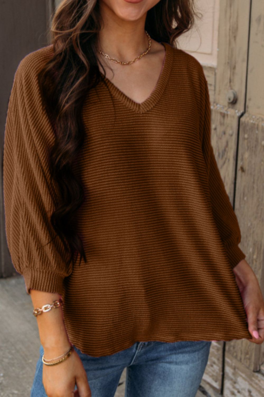 Texture V-Neck Long Sleeve Top - Charming Charlie
