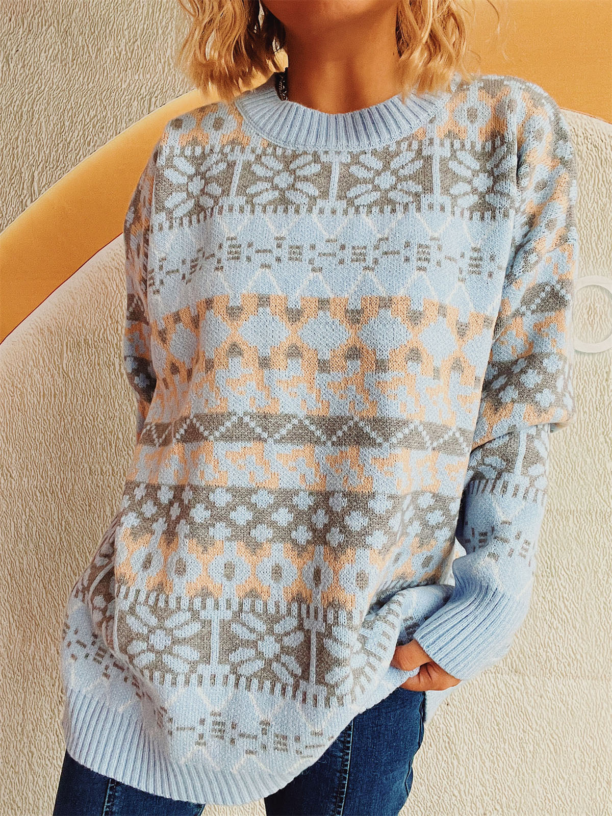 Geometric Round Neck Dropped Shoulder Sweater - Charming Charlie