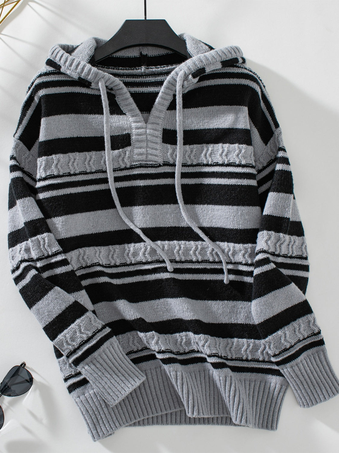 Drawstring Striped Long Sleeve Hooded Sweater - Charming Charlie