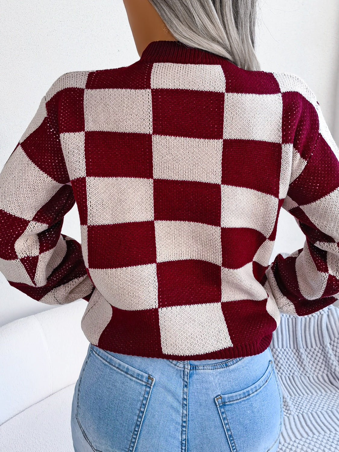 Checkered Mock Neck Long Sleeve Sweater - Charming Charlie
