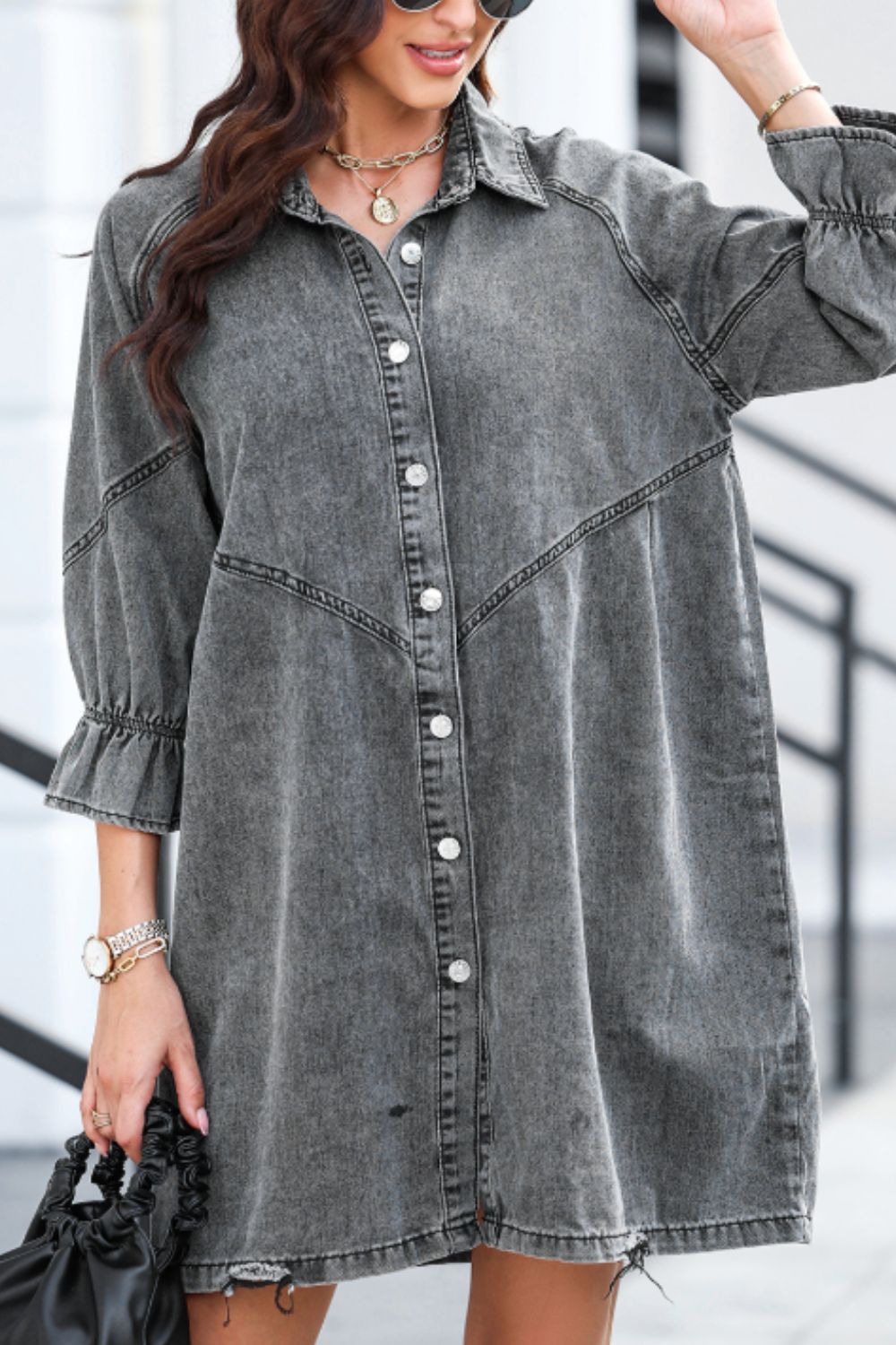 Distressed Collared Neck Flounce Sleeve Denim Dress - Charming Charlie