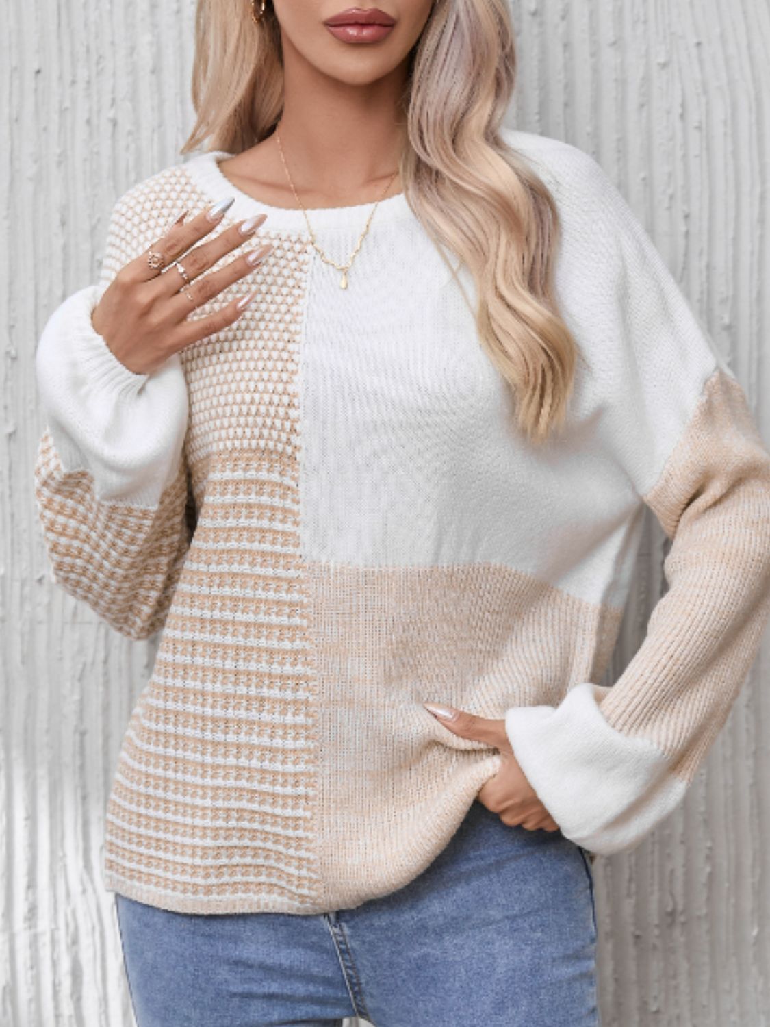 Contrast Round Neck Long Sleeve Sweater - Charming Charlie