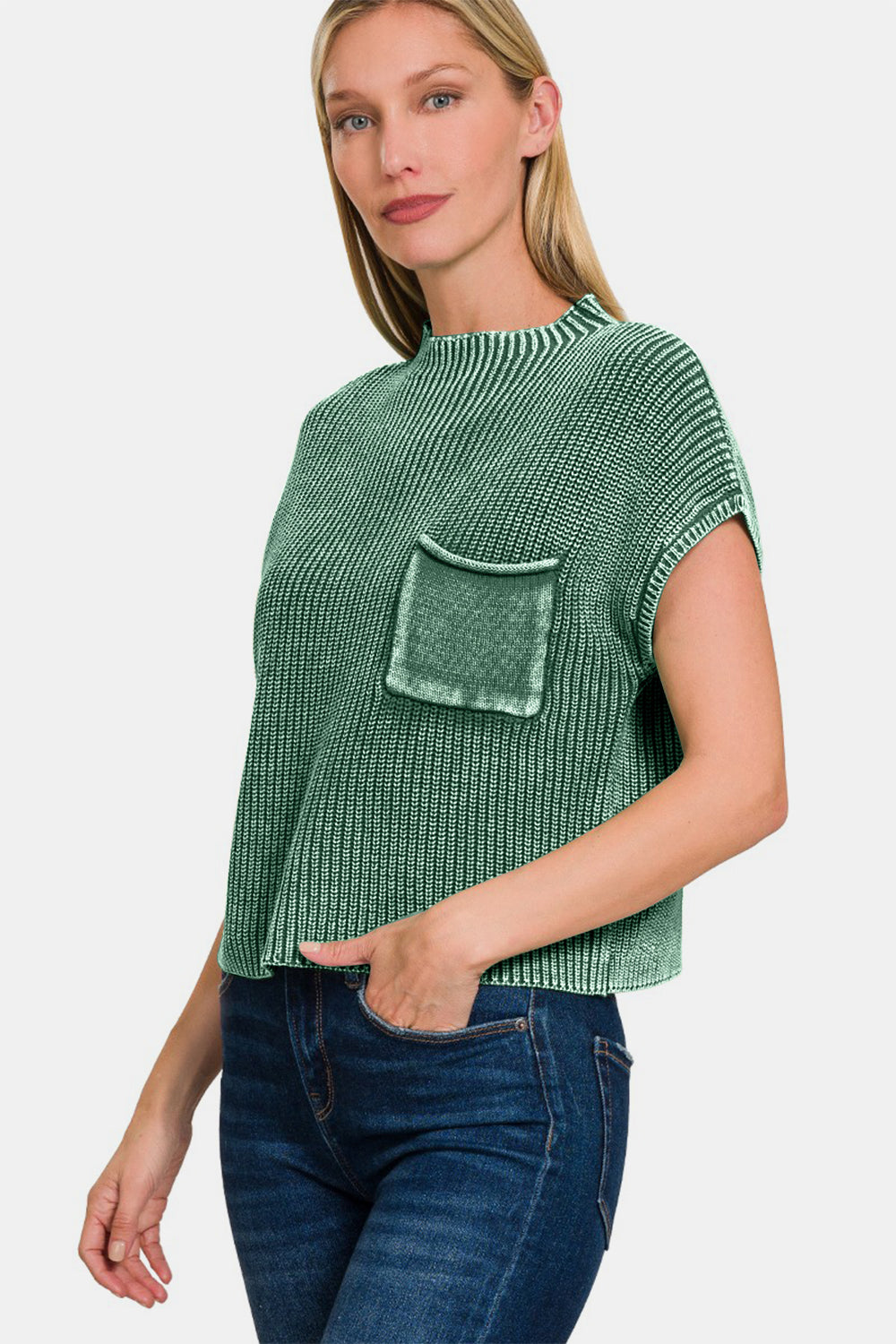 Zenana Washed Mock Neck Short Sleeve Cropped Sweater - Charming Charlie