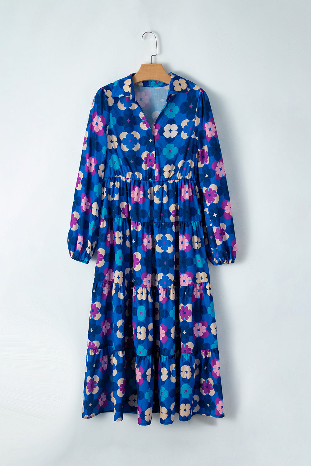 Printed Collared Neck Long Sleeve Midi Dress - Charming Charlie