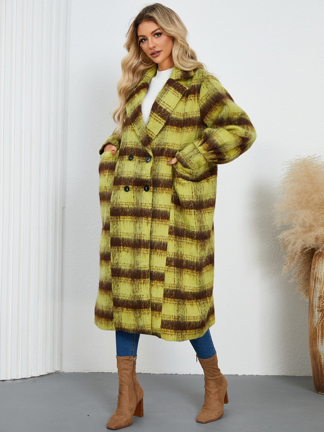 Contrast Double-Breasted Long Sleeve Longline Coat - Charming Charlie