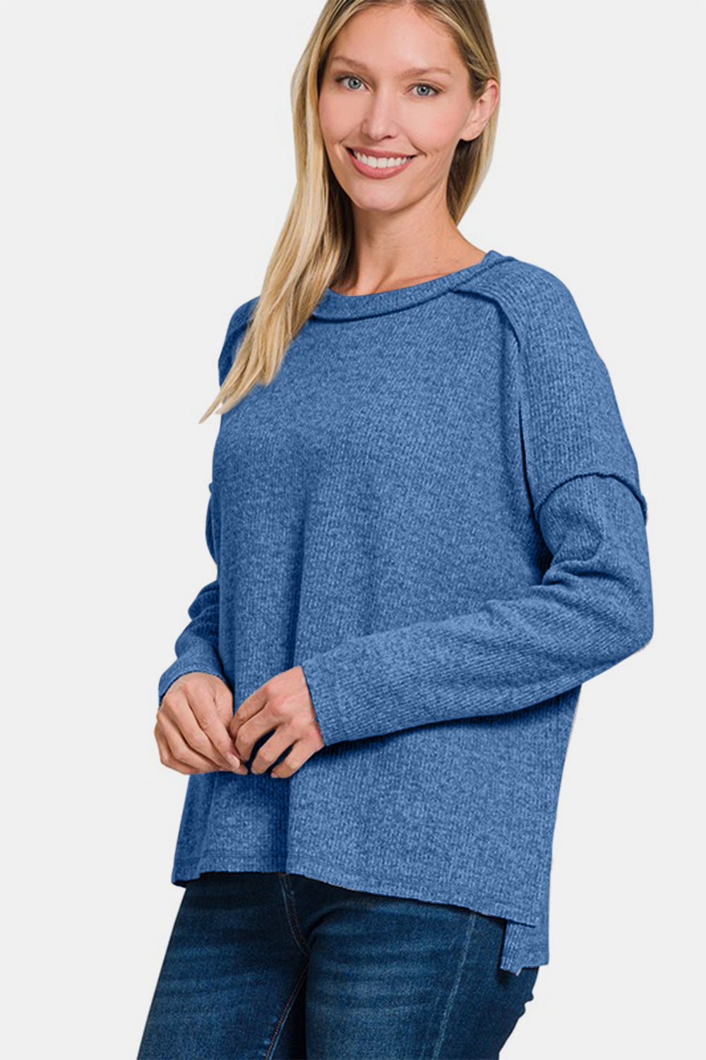 Zenana Full Size Exposed Seam Brushed Round Neck Sweater - Charming Charlie