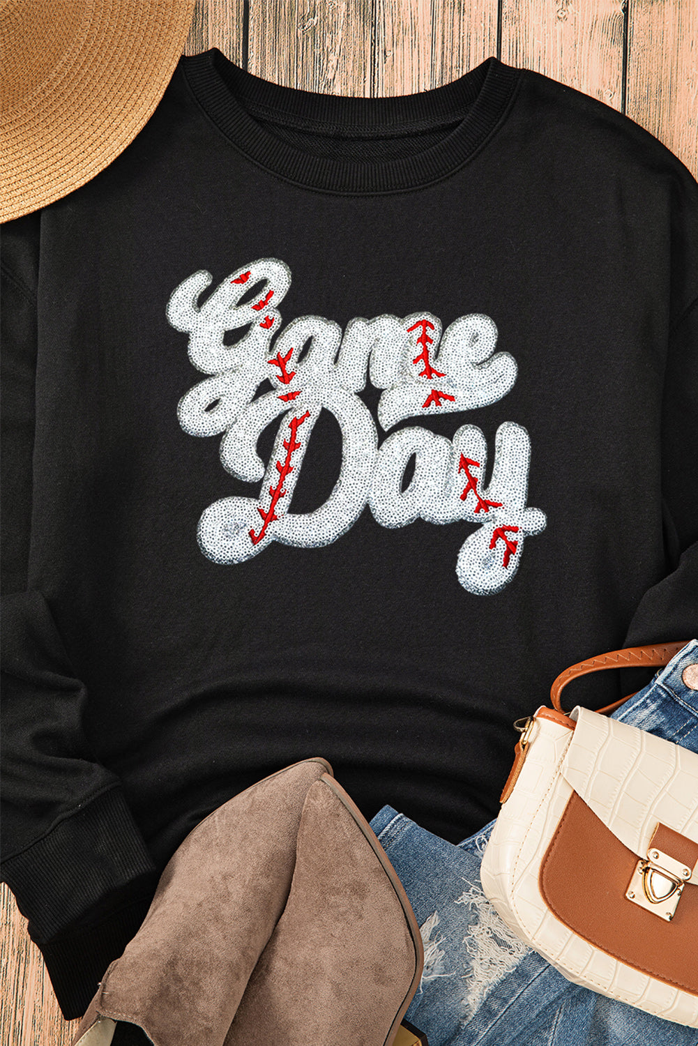 Letter Graphic Round Neck Long Sleeve Sweatshirt - Charming Charlie