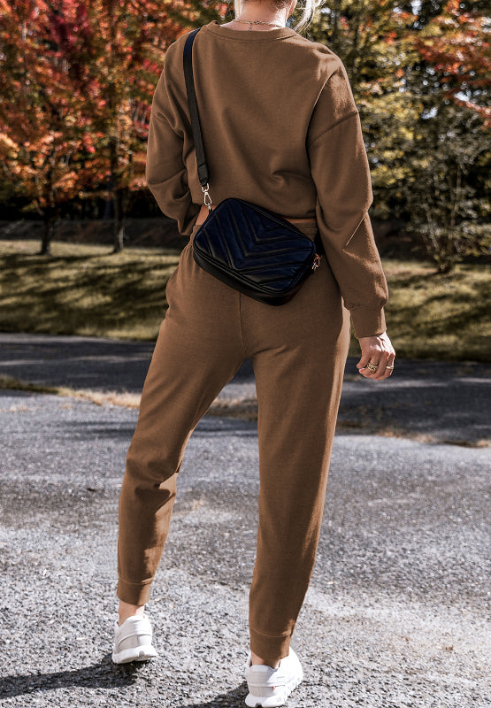Side Slit Round Neck Long Sleeve Top and Pants Set - Charming Charlie