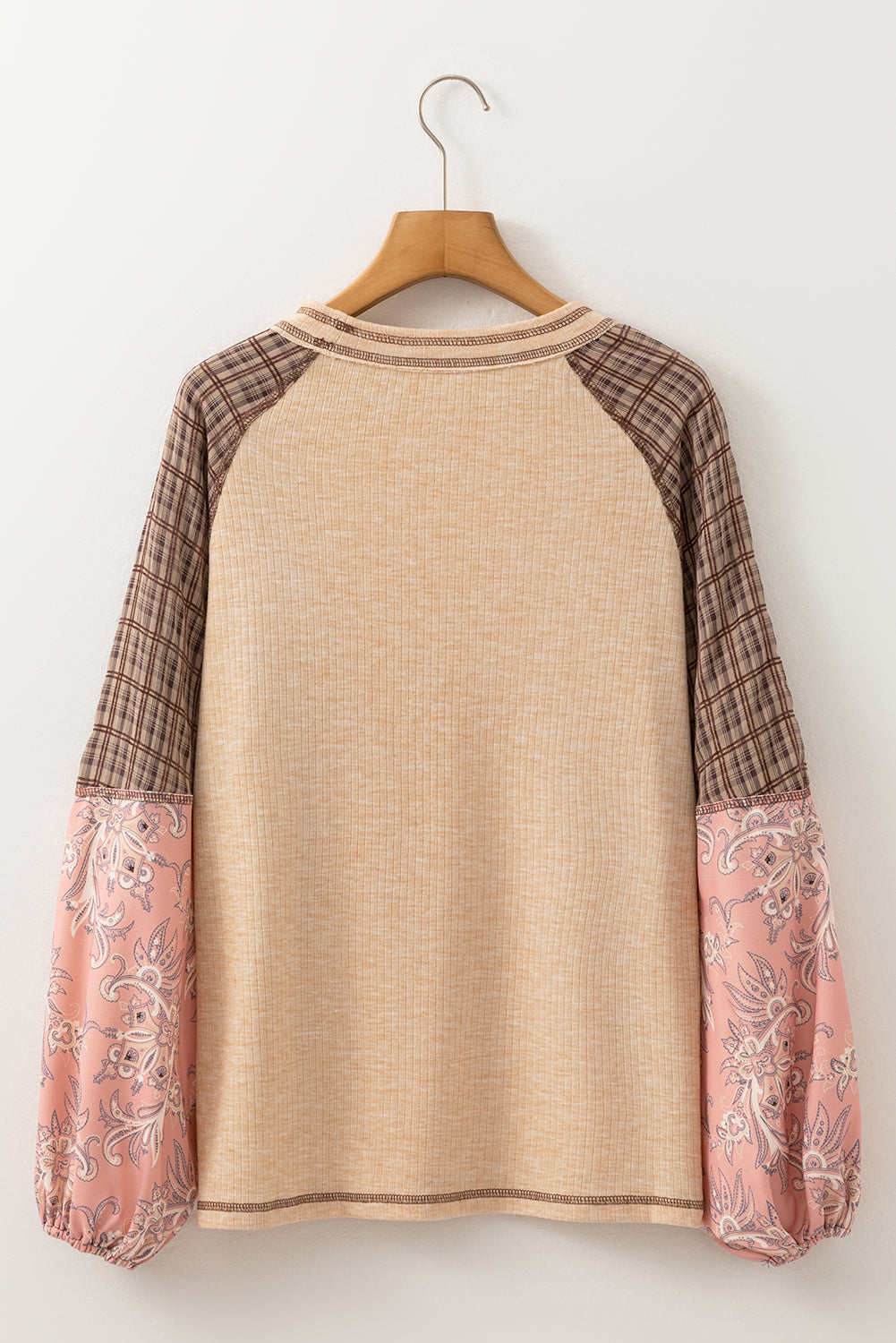 Plaid Floral Patchwork Round Neck Long Sleeve Top - Charming Charlie