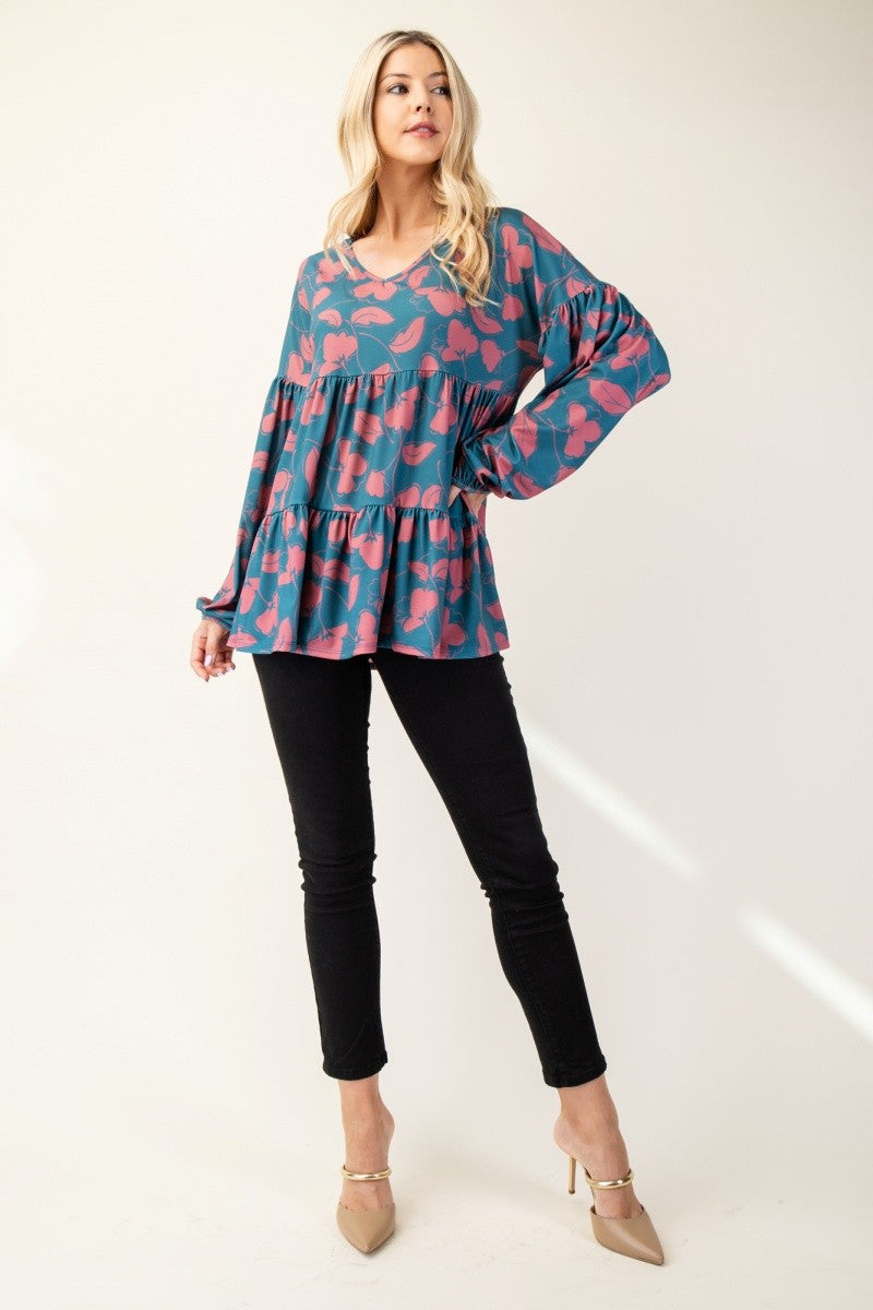 Celeste Full Size Tiered Floral V-Neck Long Sleeve Blouse - Charming Charlie