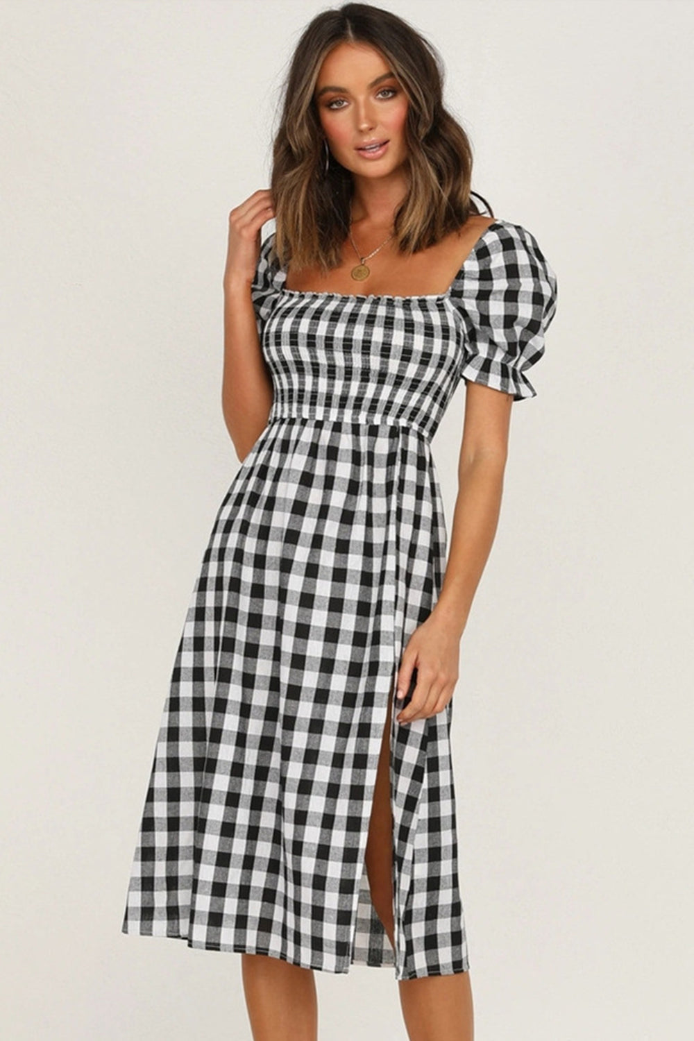 Full Size Slit Plaid Short Sleeve Midi Dress - Charming Charlie