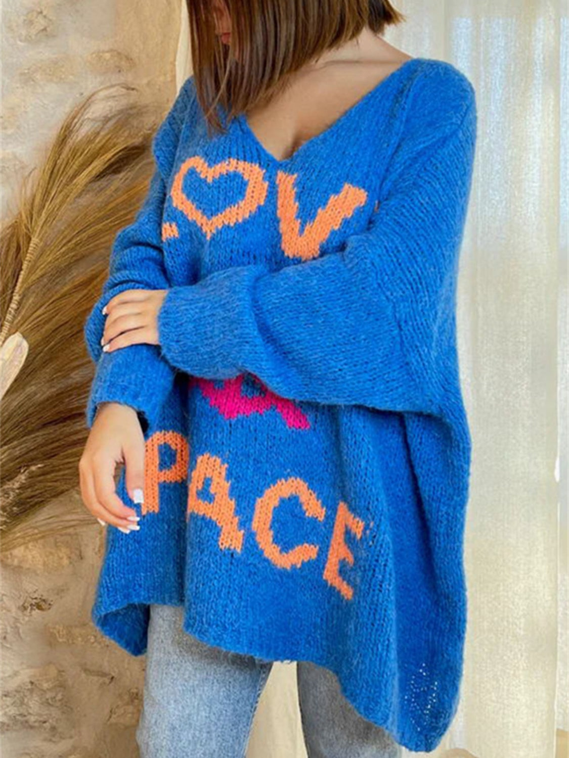 Peace Graphic V-Neck Long Sleeve Sweater - Charming Charlie