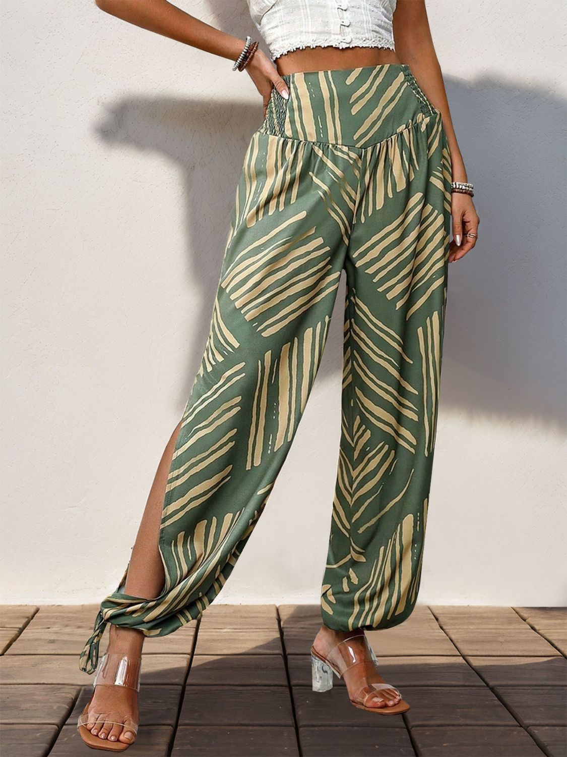 Smocked Slit Printed High Waist Pants - Charming Charlie